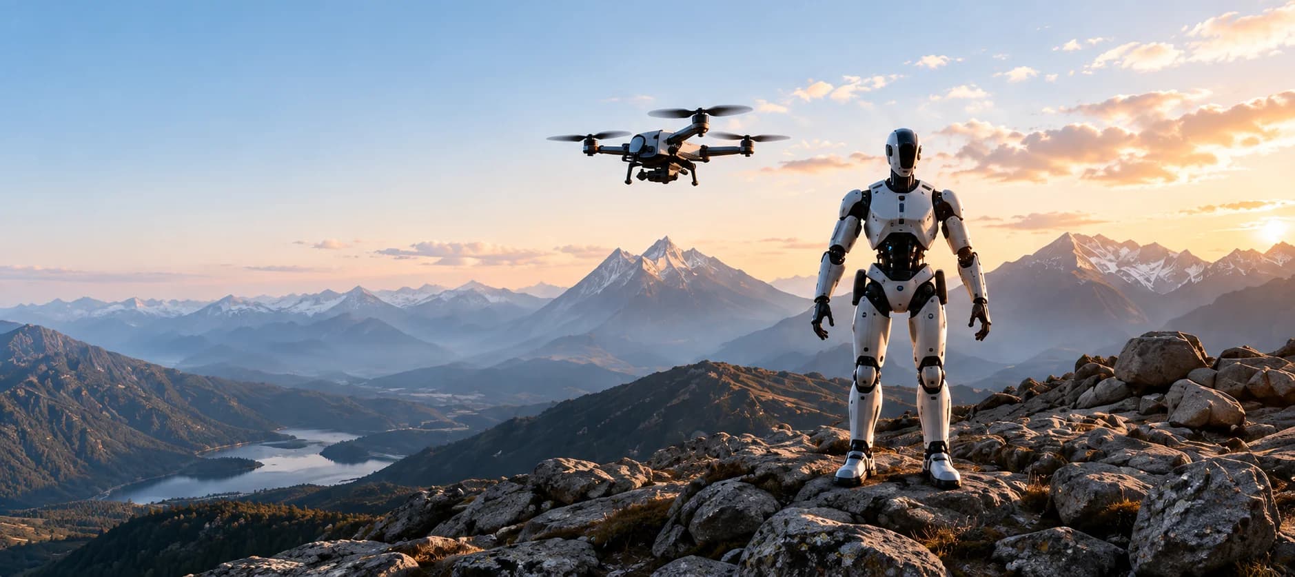Concept scene of a humanoid robot and civilian drone in an alpine landscape